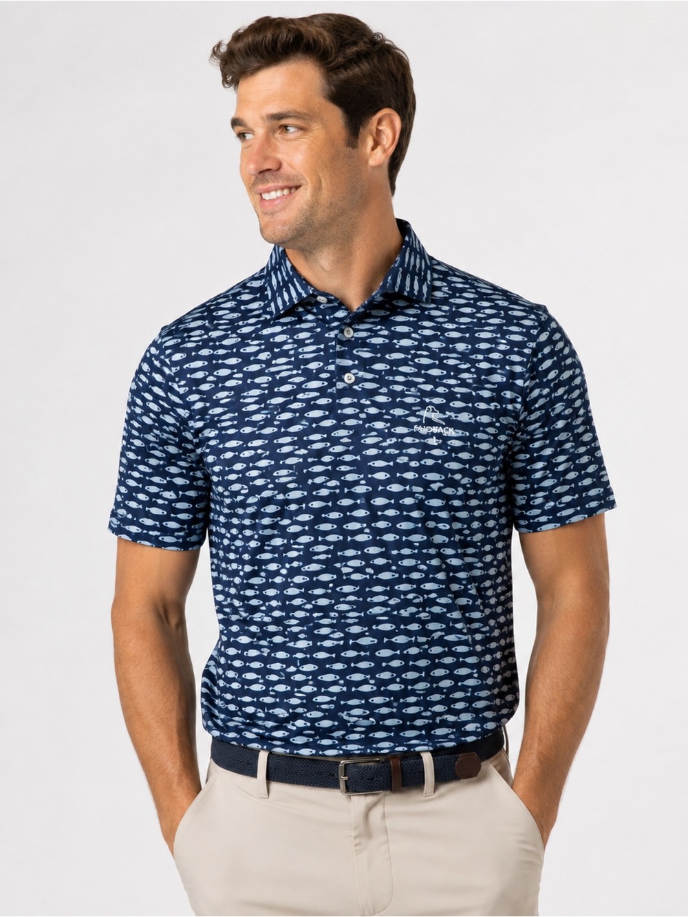 Rhoback Men's Large 'The Seven Fishes' Performance Golf Polo Shirt - Navy Blue
